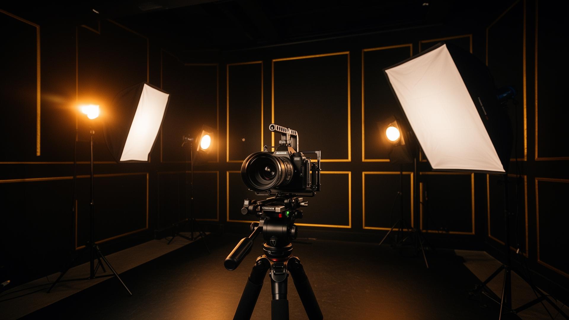Framework Creative production stage with cinema camera and tungsten lighting